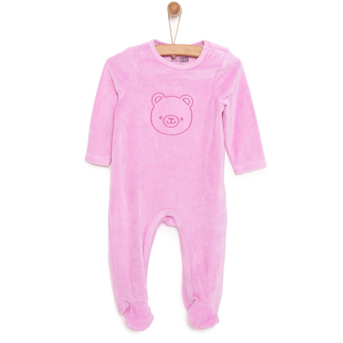 HelloBaby Yenidoğan Kız Bebek Patikli Tulum Kadife Ayıcık Desenli Pembe