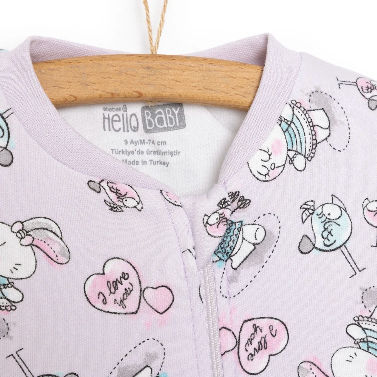 HelloBaby Kız Bebek Uyku Tulumu İnterlok Fermuarlı 2 TOG Bisiklet Yaka Ribanalı Paça Uzun Kol Mor